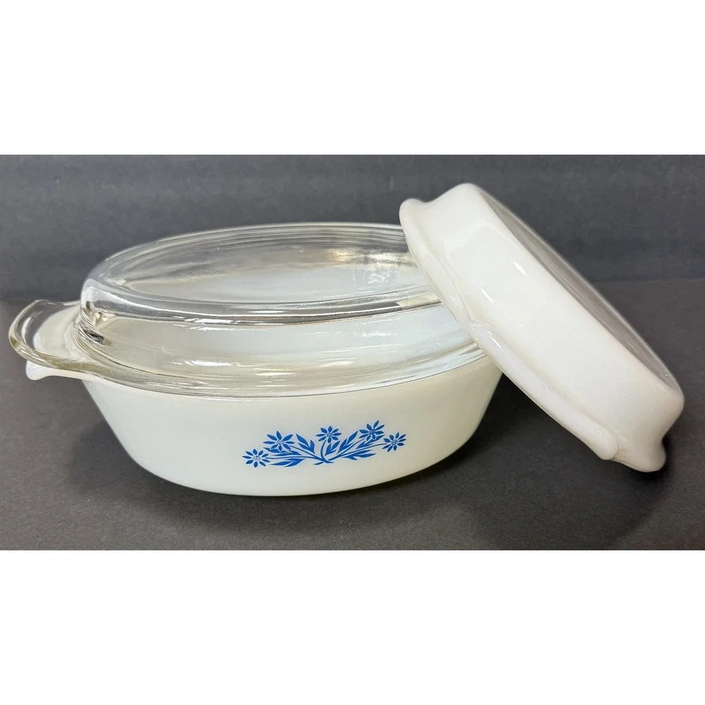 ANCHOR HOCKING Fire King VTG Blue Cornflower Casserole Dish #433 1.5 QT - 2 Lids